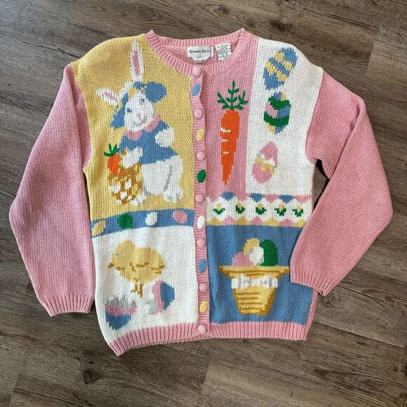 Vintage Alexandra Bartlett Cardigan Sweater XL Pink Bunnies Button Easter Womens - Picture 1 of 4